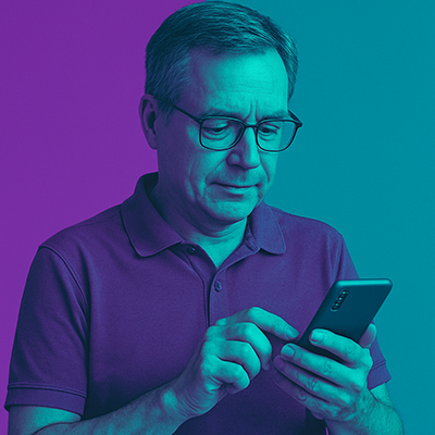 Update your contact details here. Image showing man working on a mobile screen.
