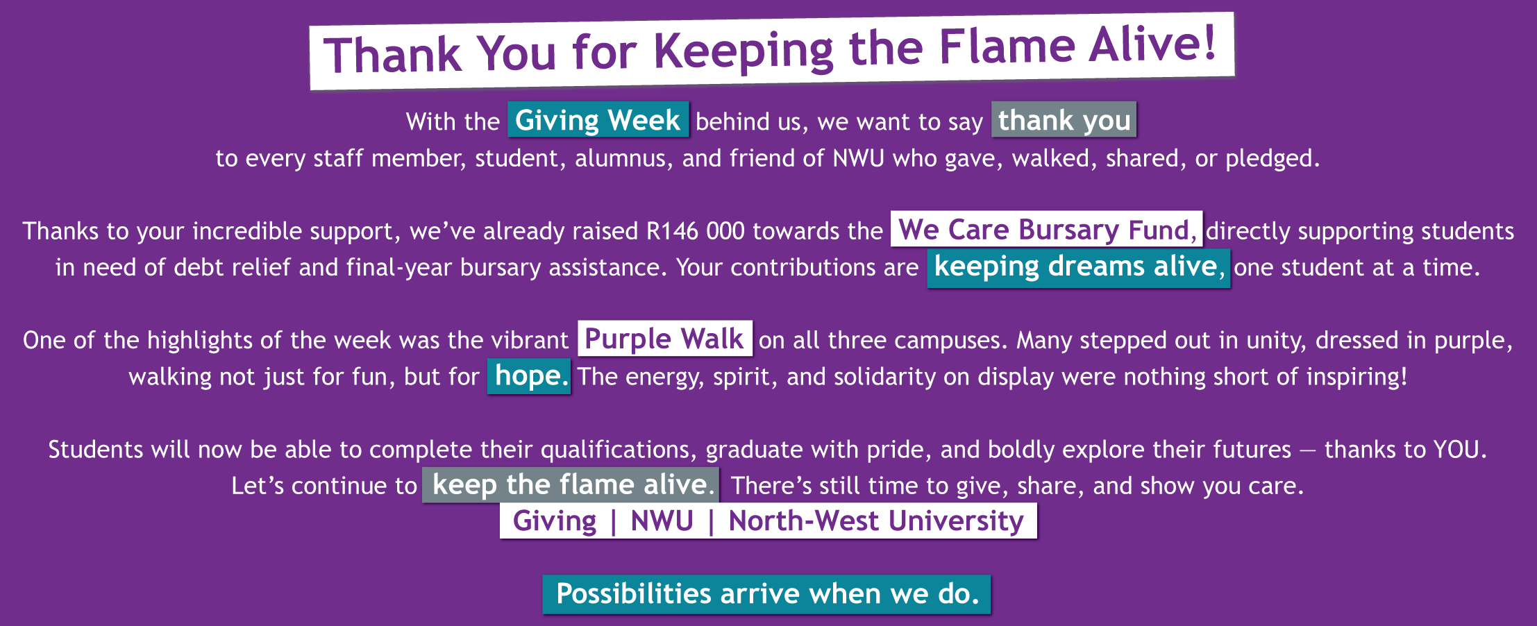 A heartfelft thank-you note from NWU for Giving Week contributions