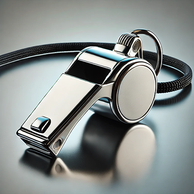  A detailed, realistic silver whistle with a black lanyard, placed on a reflective surface. The whistle symbolizes whistleblowing and fraud awareness. 