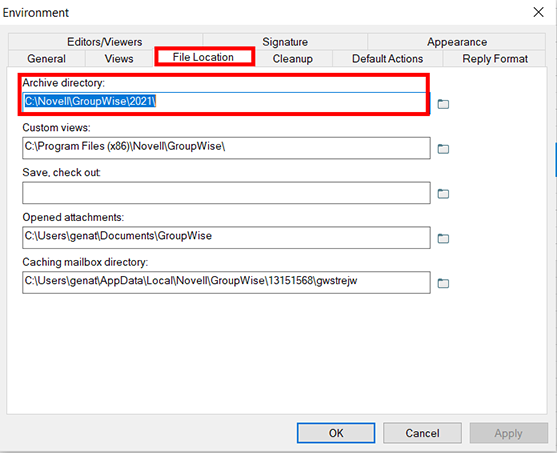 Environment, File Location, Archive Directory