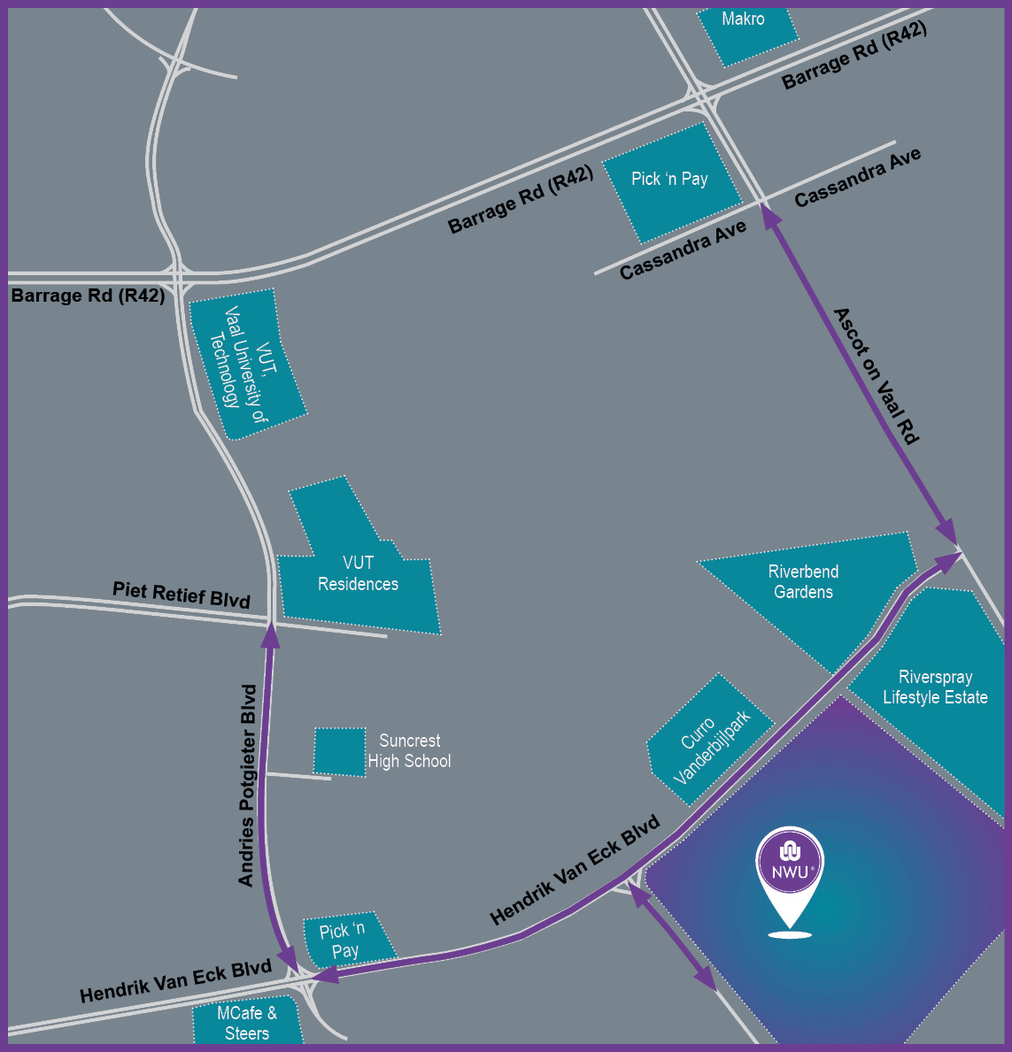 Purple pedestrian routes